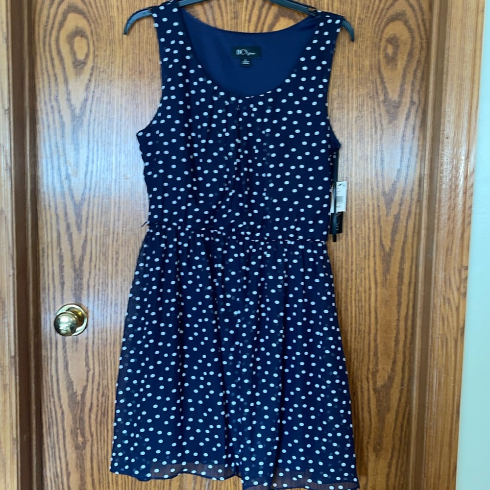 BCX Navy and White Polka Dot Sleeveless Elastic Waist Dress. Large NWT